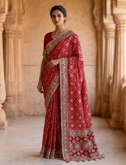 Red georgette bandhej saree with zardosi festive detailing