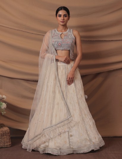 Grey cream chiffon embroidered lehenga choli set