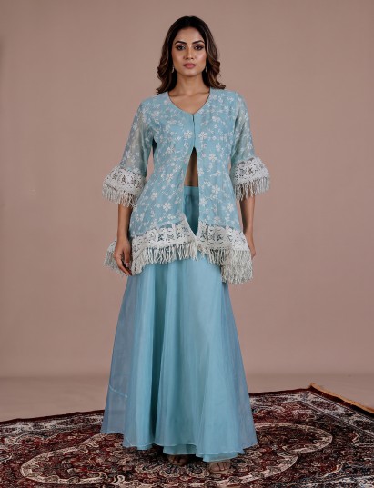Sky blue cotton organza festive Indo western suit