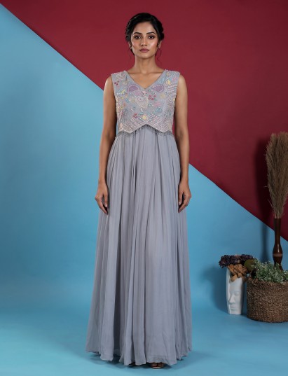 Grey georgette silk designer floor length suit set