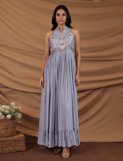 Grey embroidered georgette silk anarkali suit with dupatta