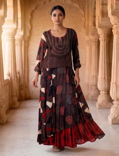 Brown printed designer maxi skirt ethnic suit for women