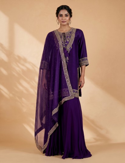 Blue viscose satin embellished designer sharara suit set