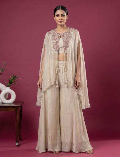 Chikoo designer satin silk festive sharara suit
