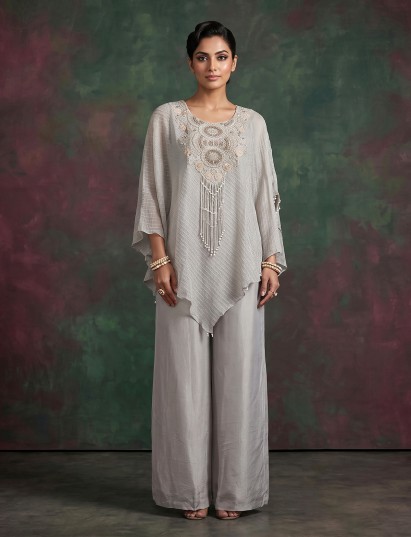 Grey embroidered designer kaftan style ethnic suit