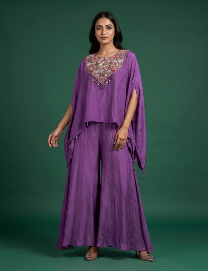 Purple embellished indo western palazzo suit for women