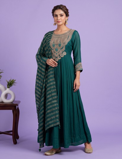 Green embroidered modal satin floor-length festive suit
