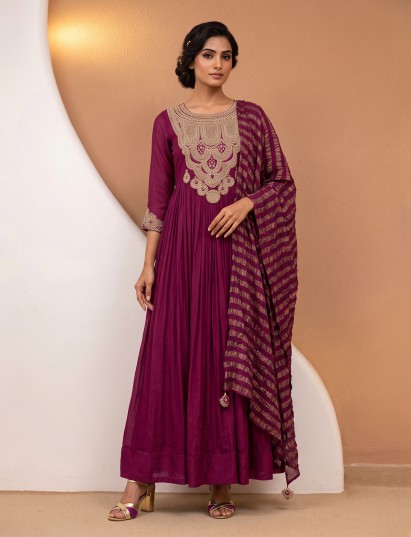 Purple designer modal satin floor length festive suit