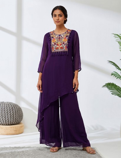 Purple embroidered georgette silk palazzo suit