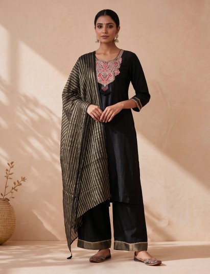 Black designer crepe silk palazzo suit