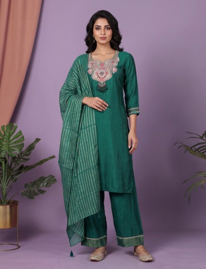 Green embroidered crepe silk palazzo suit