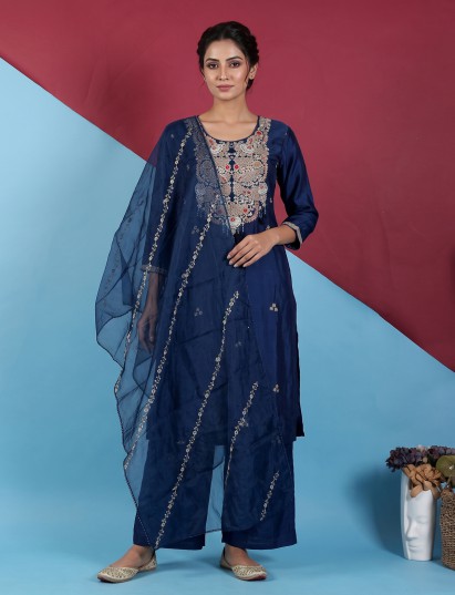 Navy blue designer crepe silk palazzo suit