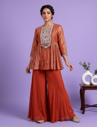 Rust orange designer silk festive sharara suit