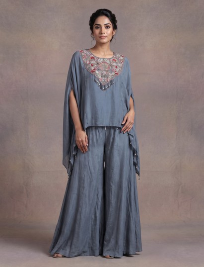 Stone blue embellished indo western palazzo suit