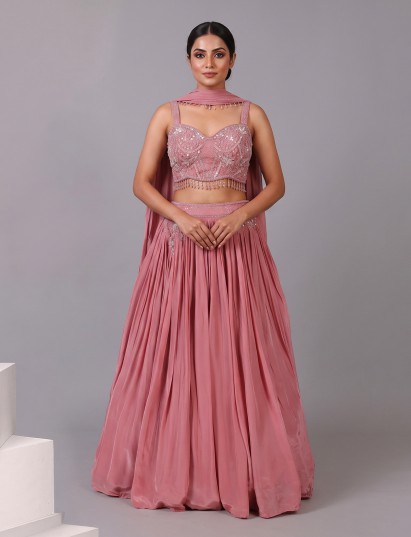 Powder pink silk designer lehenga choli with stylish choker dupatta