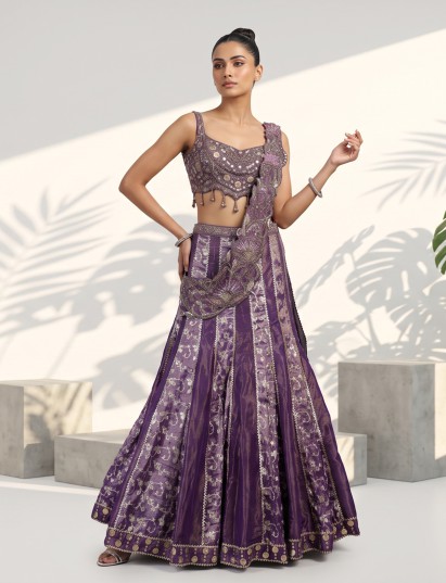 Purple silk designer lehenga choli with attached dupatta