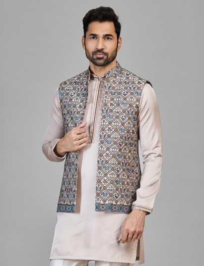 Beige silk waistcoat set with thread detailing for mens