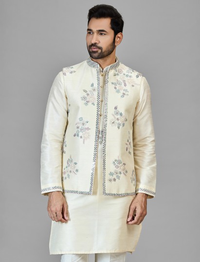 Cream silk waistcoat set with aabla work