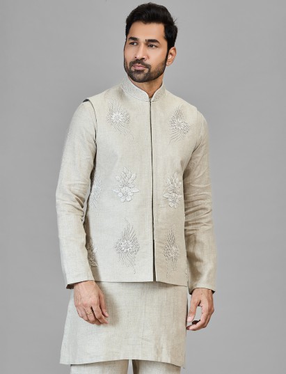 Beige pure linen festive wear waistcoat set