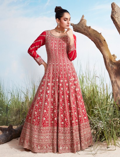 Red georgette floor length suit with royal shimmer