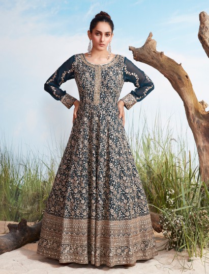 Rama blue georgette festive suit with mirror detailing