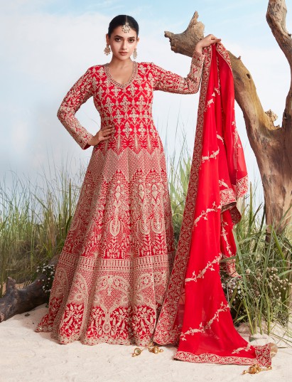 Red georgette heavily embellished floor length gown with dupatta