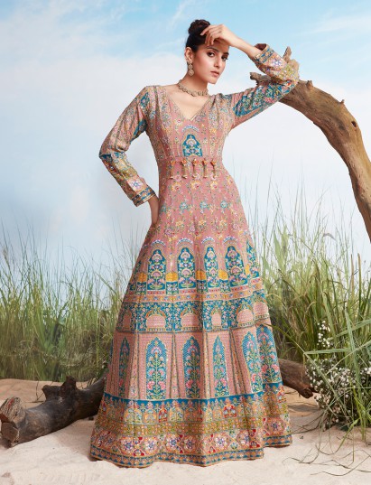 Blush pink silk printed gown with sequin shimmer