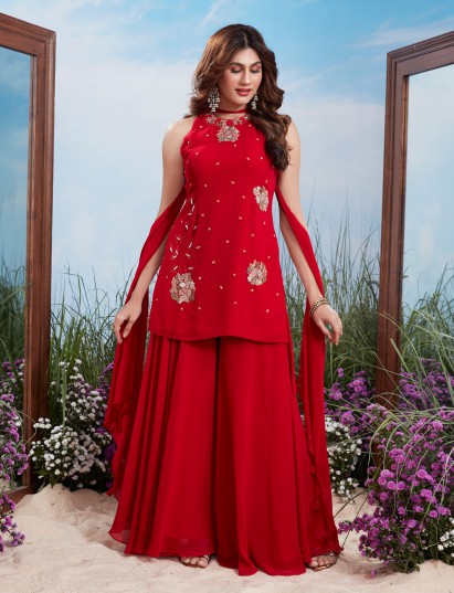 Red georgette sleeveless palazzo partywear ensemble