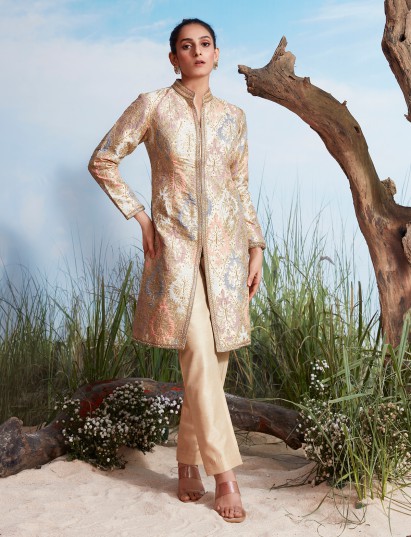 Ivory brocade silk embellished pant suit