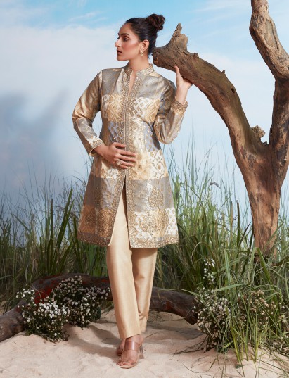 Beige brocade silk indo western celebration ensemble