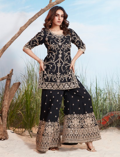 Black chinnon silk sharara with golden accents