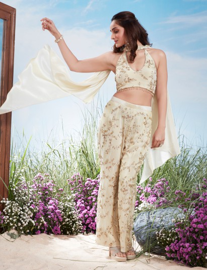 Cream muslin silk indo western halter palazzo ensemble