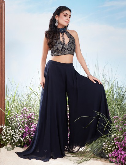 Navy blue georgette halter sharara with mirror glow