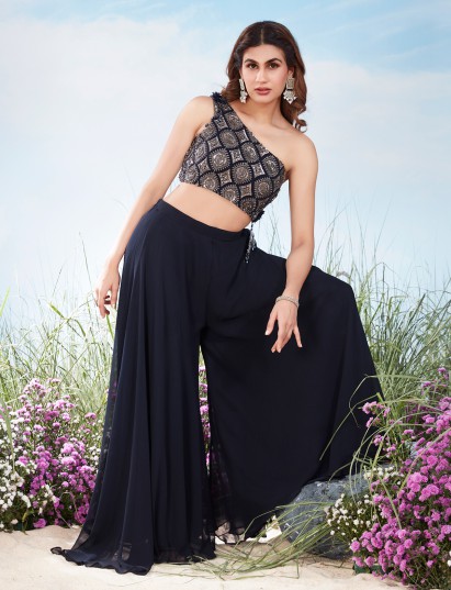 Navy blue one shoulder sharara with shimmer