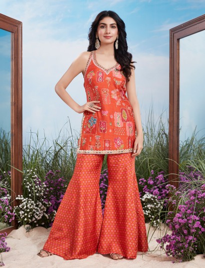 Orange brocade silk zardosi sharara suit with dupatta