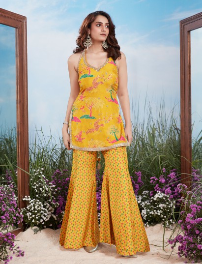 Yellow digital print silk mirror work sharara suit
