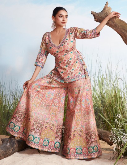 Pastel pink silk festive geometric palazzo suit