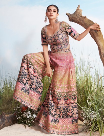 Multicolor silk elephant border festive palazzo suit