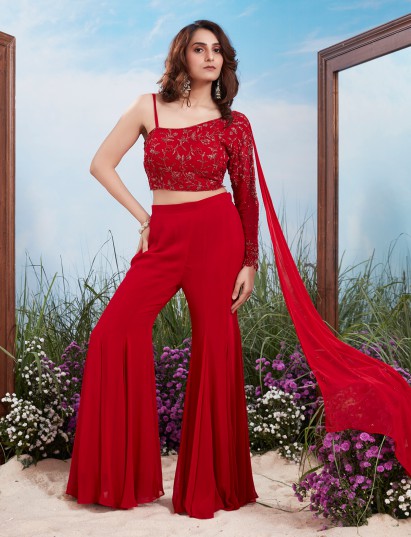 Red indo western embellished georgette palazzo suit