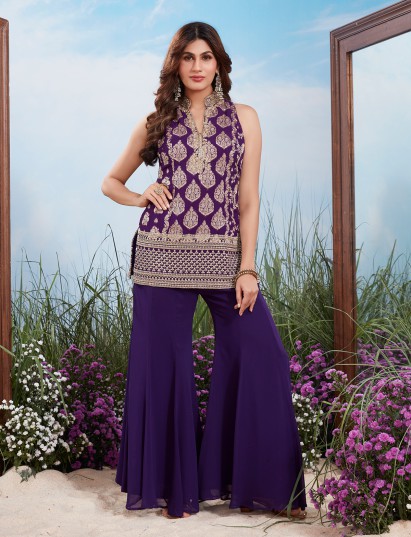 Purple silk regal silver embellished palazzo suit