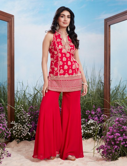 Red silk regal silver embellished palazzo suit