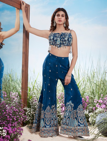 Blue muslin silk mirror festive palazzo suit
