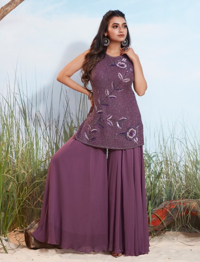 Dusty purple georgette festive embellished palazzo suit