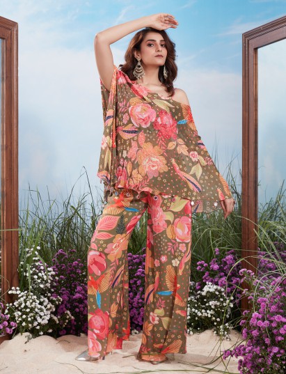Olive green floral bird print silk palazzo suit