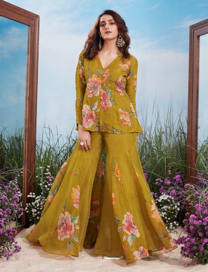 Olive green tissue silk festive sharara suit