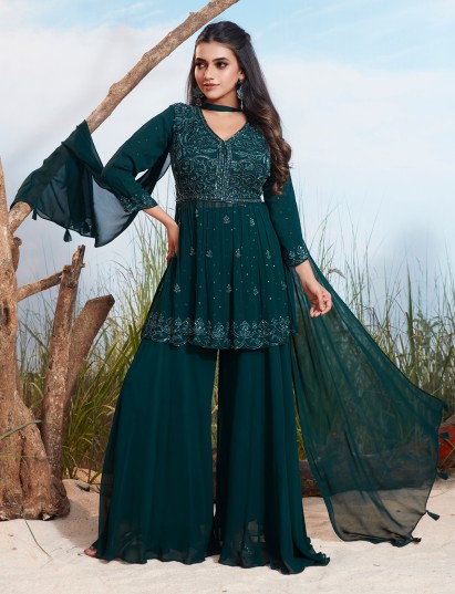 Teal blue embellished georgette palazzo suit with dupatta
