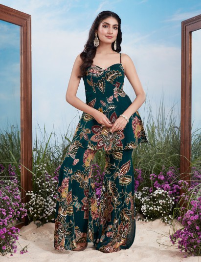 Teal green floral print georgette silk sharara suit
