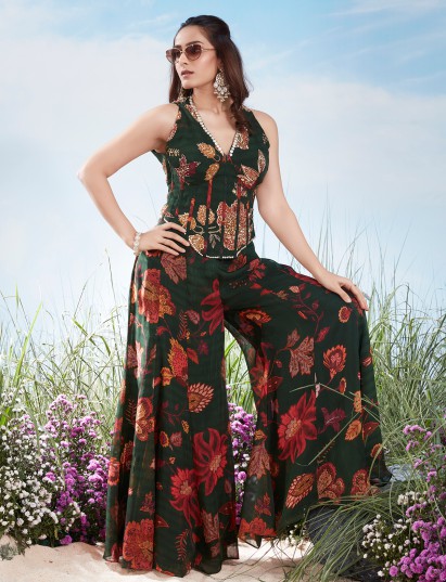 Dark green georgette floral festive palazzo suit