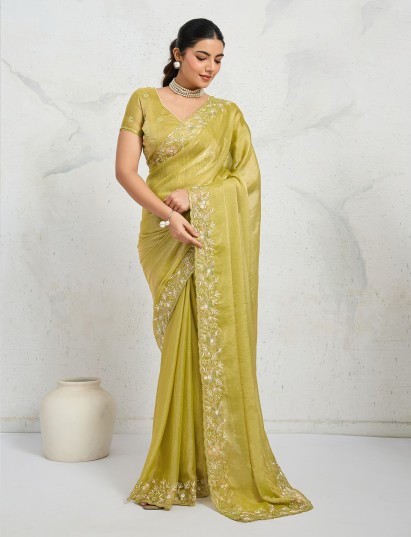 Olive green chiffon velvet saree for party wear