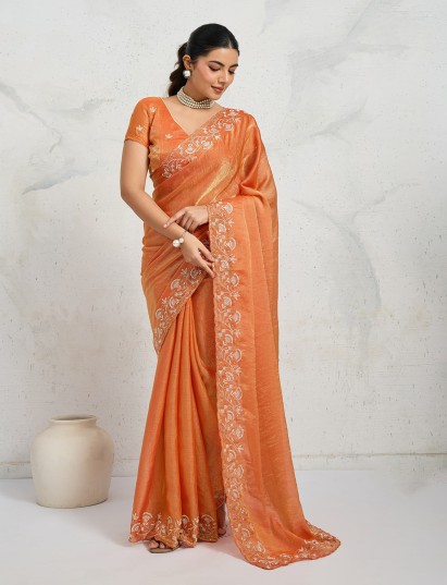Rust orange chiffon velvet saree with resham and sequins